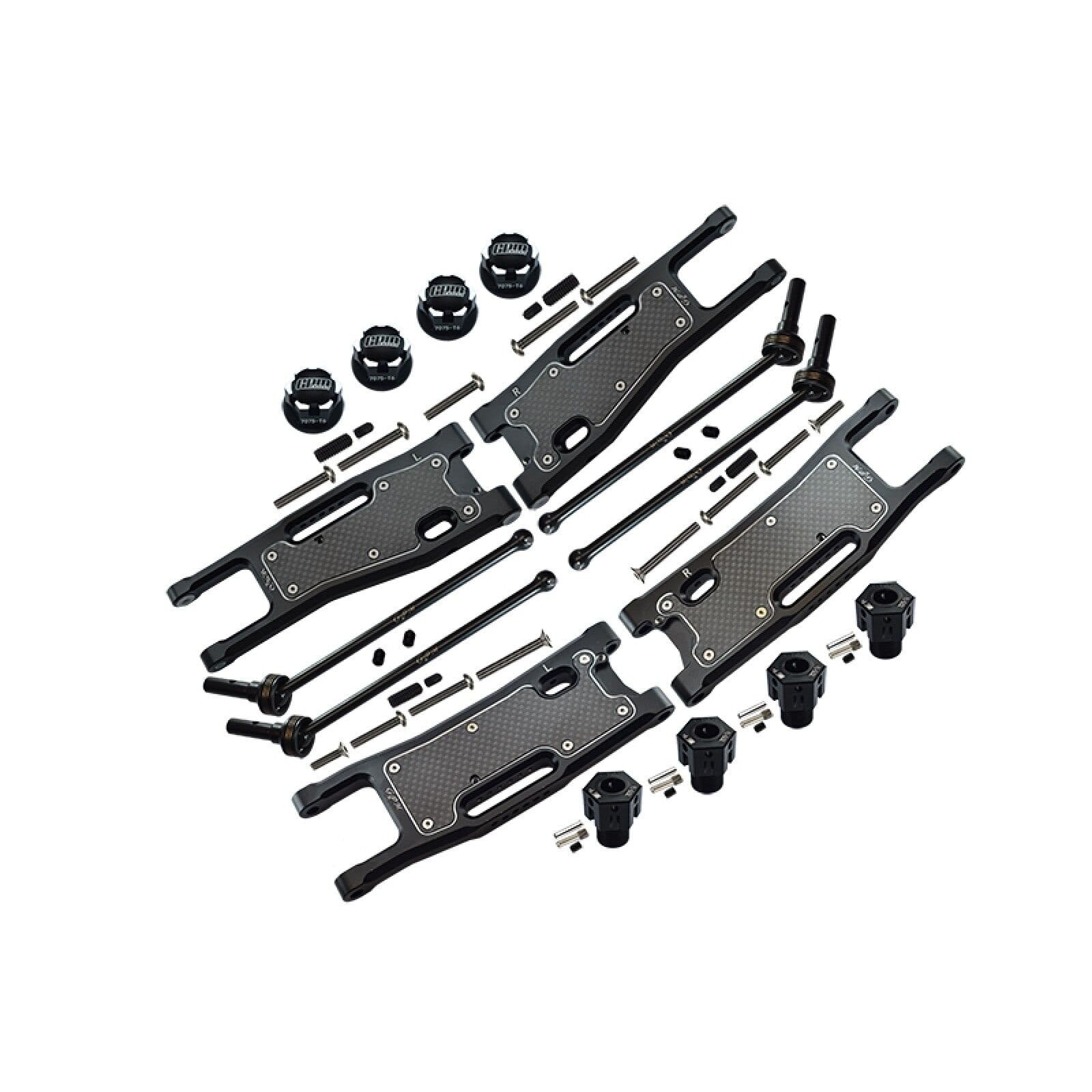 Aluminium 6061-T6 Front/Rear Lower Arms + Carbon Fibre Protection Plate + 7075-T6 Hex Adapters (+6.5mm) + Wheel Lock + 4140 Carbon Steel CVD Combo Set For TRAXXAS 1/8 Sledge