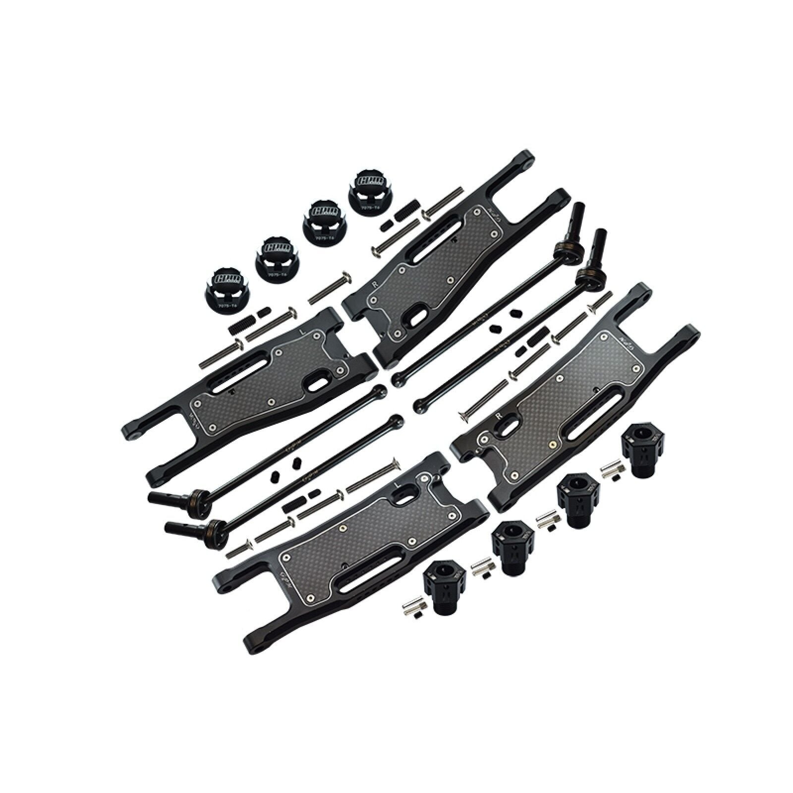 ALUMINIUM 6061-T6 FRONT + REAR LOWER ARMS+CARBON FIBRE DUST-PROOF PROTECTION PLATE + ALUMINUM 7075-T6 HEX ADAPTERS (+6.5MM) AND WHEEL LOCK + 4140 CARBON STEEL FRONT + REAR CVD DRIVE SHAFT COMBO SET FOR TRAXXAS 1/8 SLEDGE