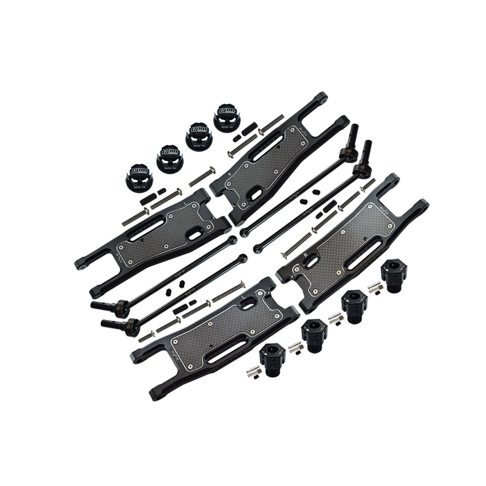 ALUMINIUM 6061-T6 FRONT + REAR LOWER ARMS+CARBON FIBRE DUST-PROOF PROTECTION PLATE + ALUMINUM 7075-T6 HEX ADAPTERS (+6.5MM) AND WHEEL LOCK + 4140 CARBON STEEL FRONT + REAR CVD DRIVE SHAFT COMBO SET FOR TRAXXAS 1/8 SLEDGE